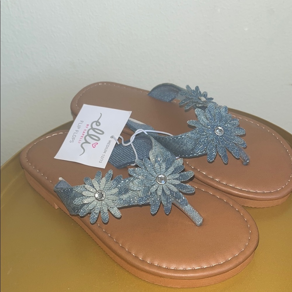 Denim Blue Floral Sandals with Rhinestone Accents girl 12/13